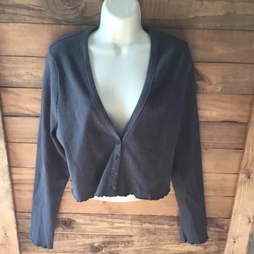 Good American Essential Cropped Cardigan Ribbed Long Sleeve Size 5